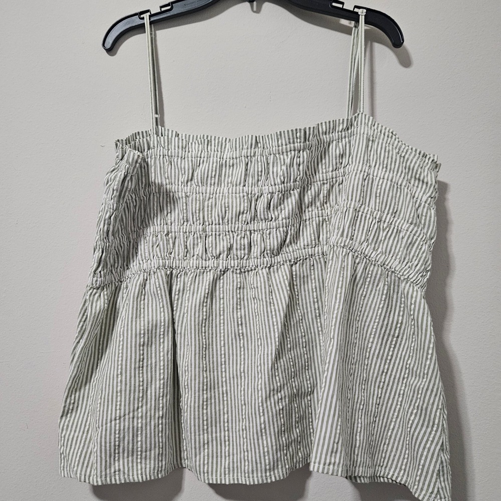 American Eagle Sage Green White Striped Smocked Seersucker Cami‎ Top Womens XL